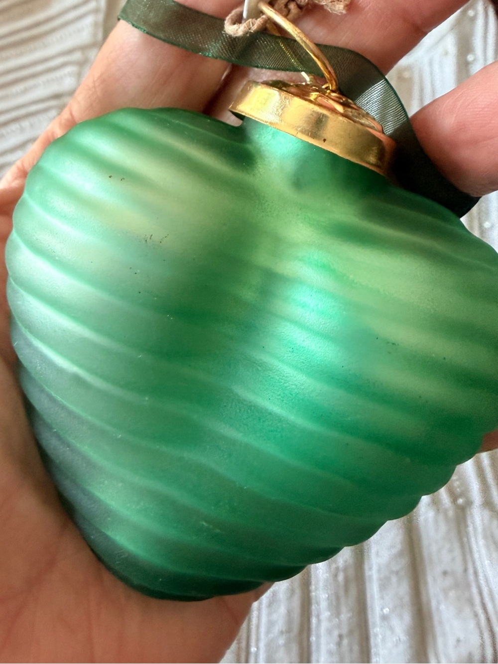 Noonday Frosted Glass Heart Ornament with Ridged Texture and Green Mesh Ribbon - Picture 2 of 5